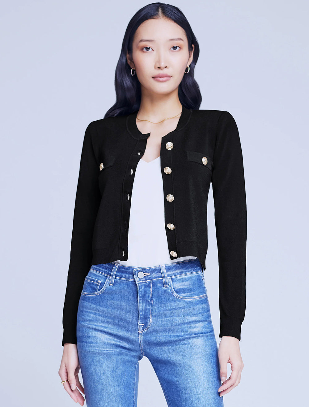 Model wearing L'agence's toulouse crop cardigan in black.