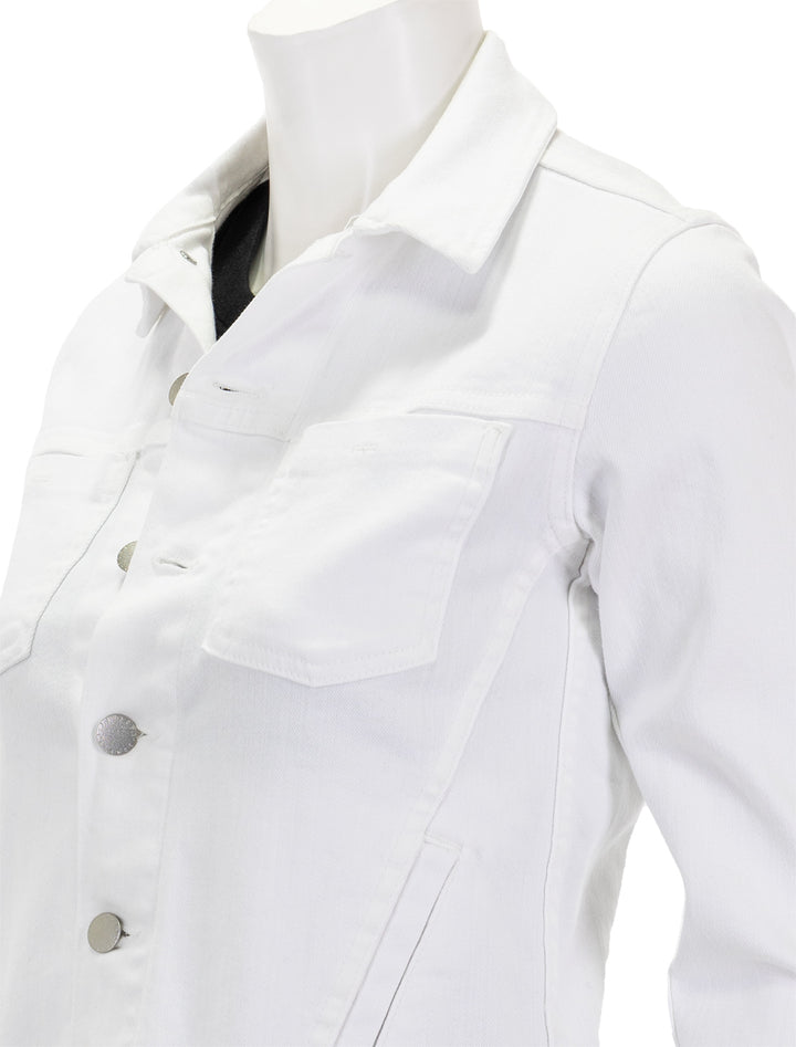 Close-up view of L'agence's janelle slim raw finished jacket in blanc.