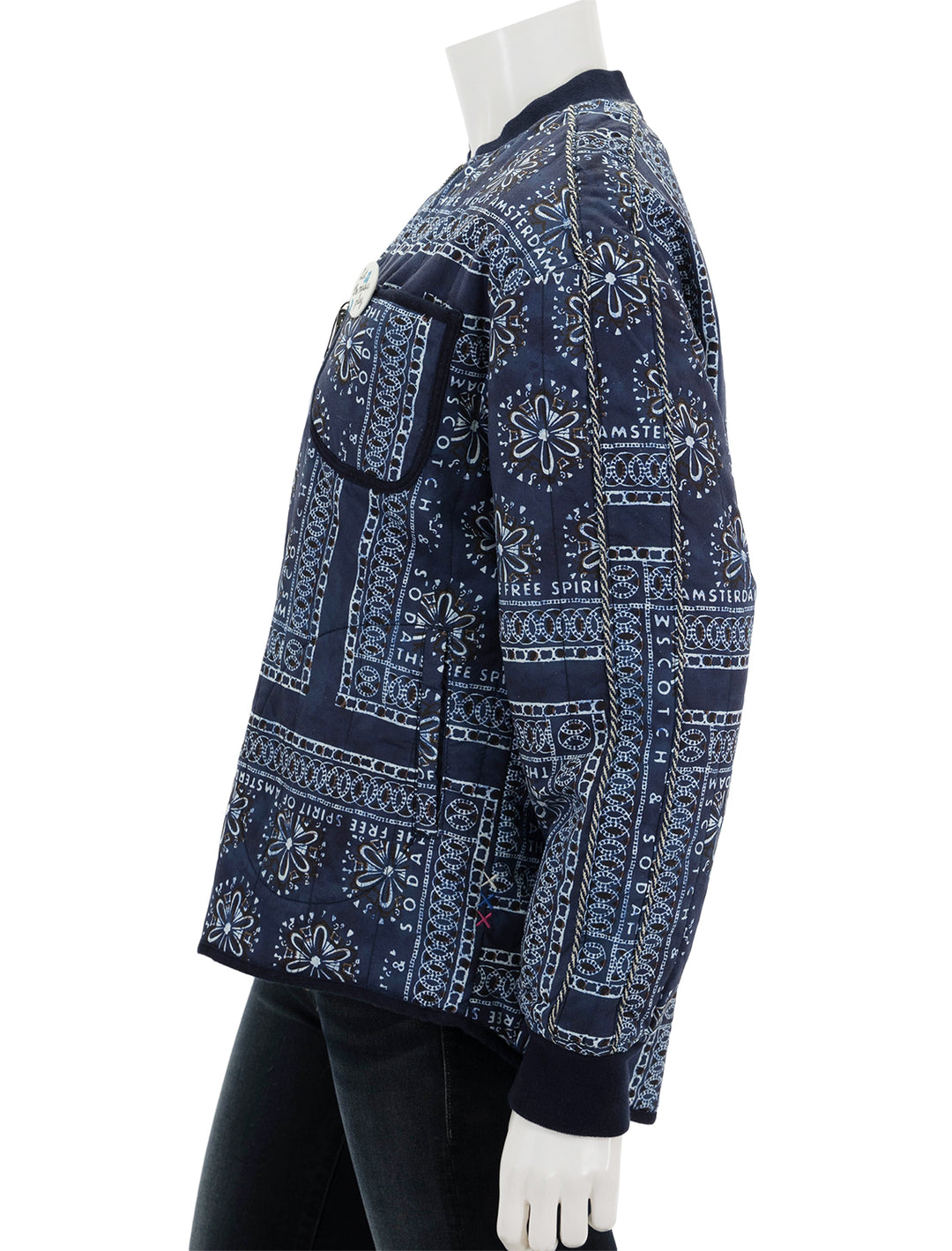 Side view of Scotch & Soda's reversible chambray bomber jacket.