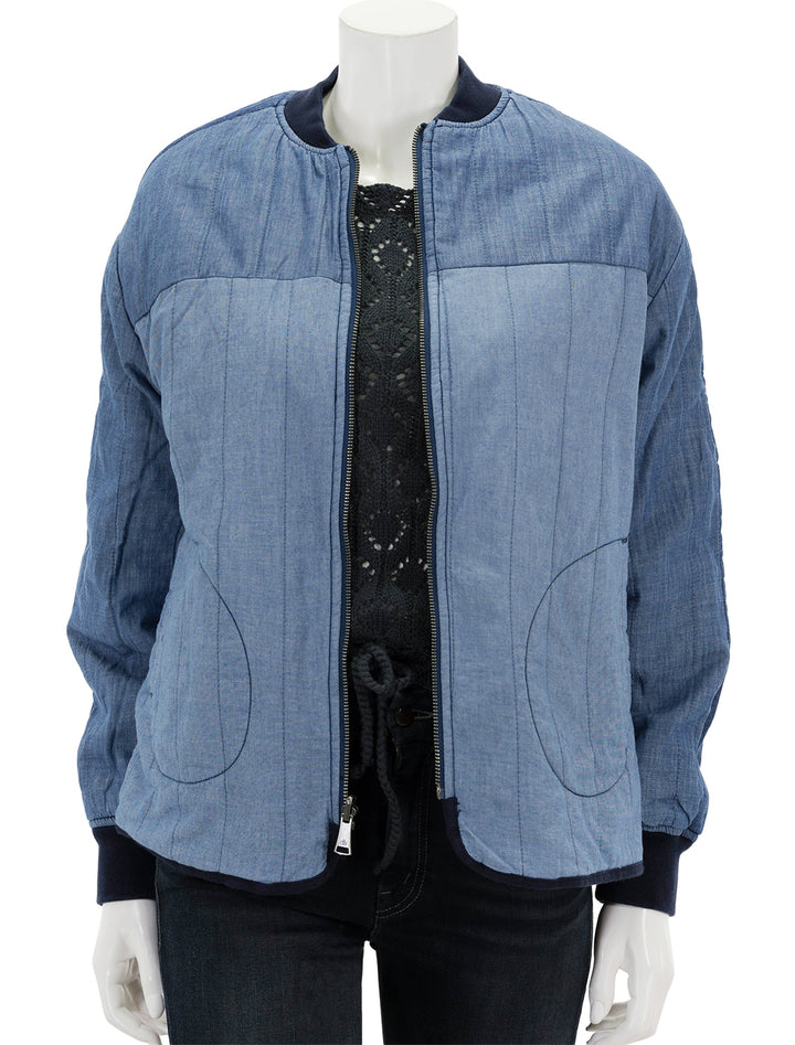 Front view of Scotch & Soda's reversible chambray bomber jacket.
