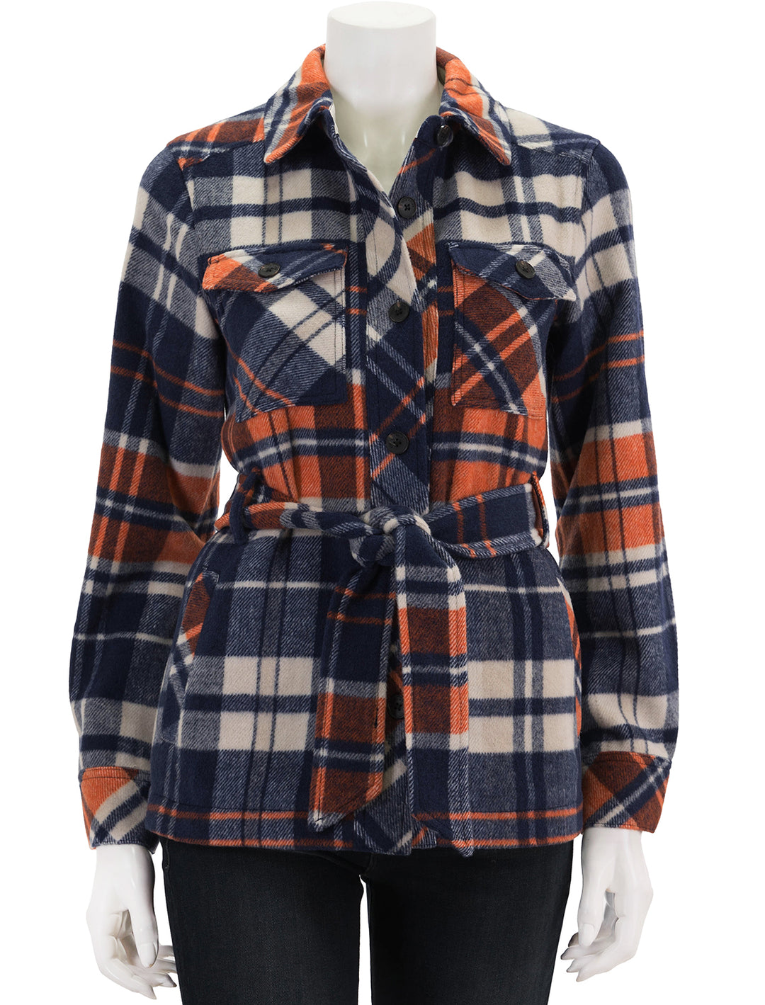 Front view of Scotch & Soda's Wool Bend Checked Belted Overshirt.