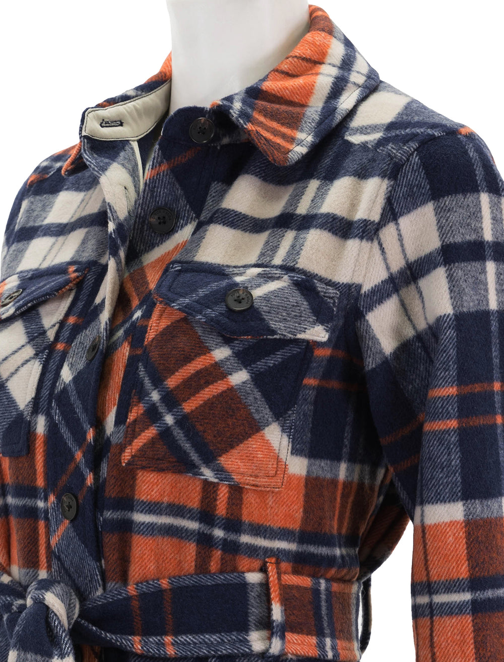 Close-up view of Scotch & Soda's Wool Bend Checked Belted Overshirt.