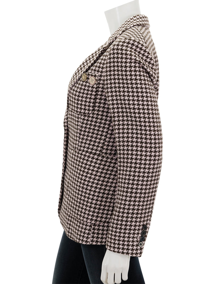 Side view of Scotch & Soda's houndstooth single breasted blazer in pink cloud.