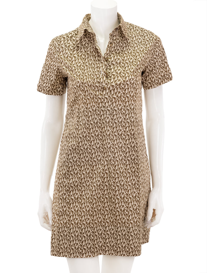 Front view of Ann Mashburn's short sleeved popover dress in giraffe print.