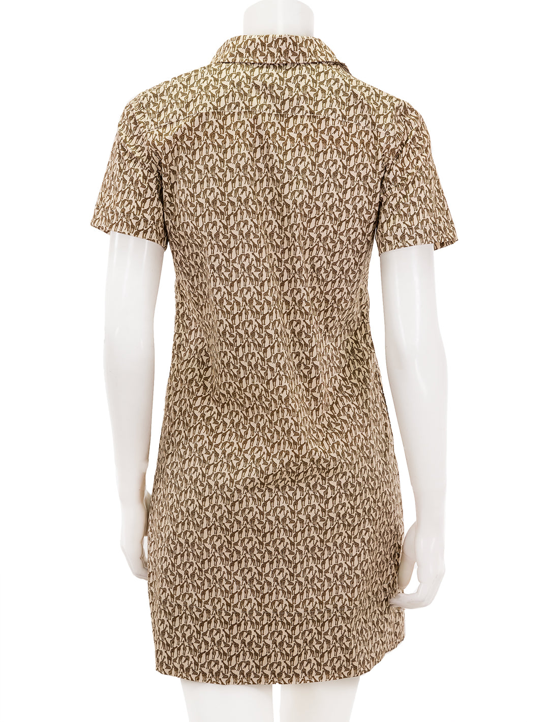 Back view of Ann Mashburn's short sleeved popover dress in giraffe print.