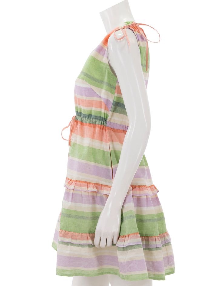 Side view of Banjanan's becca dress in fruit stripe.