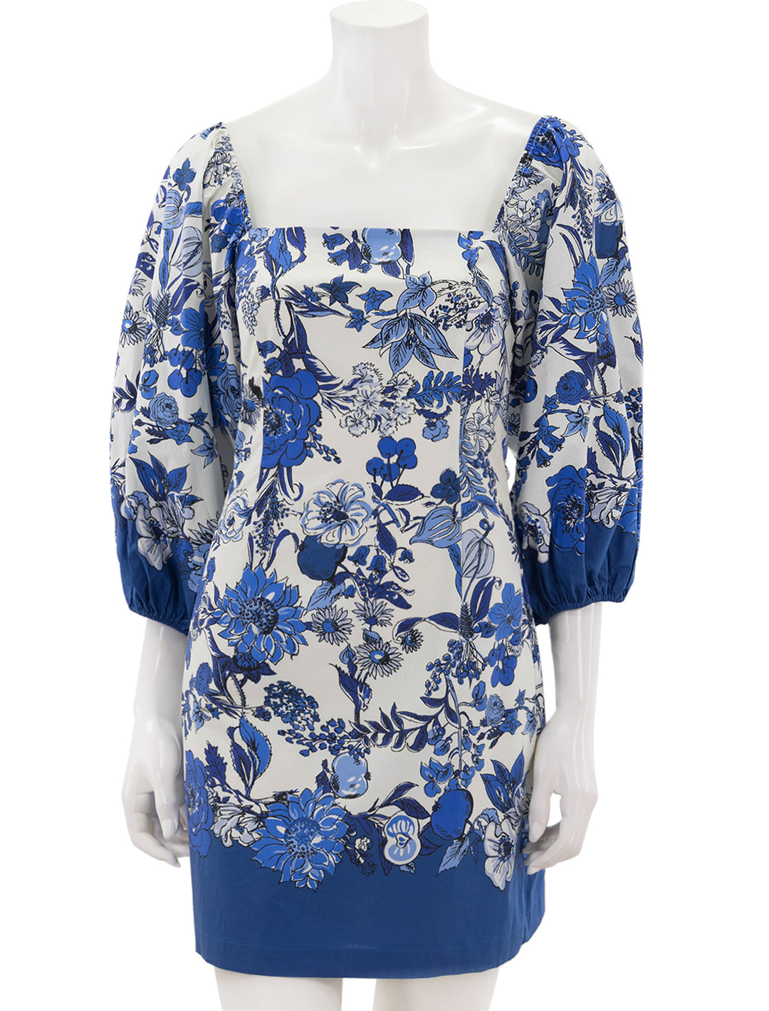 Front view of Cara Cara's montauk dress in flower grid blue.