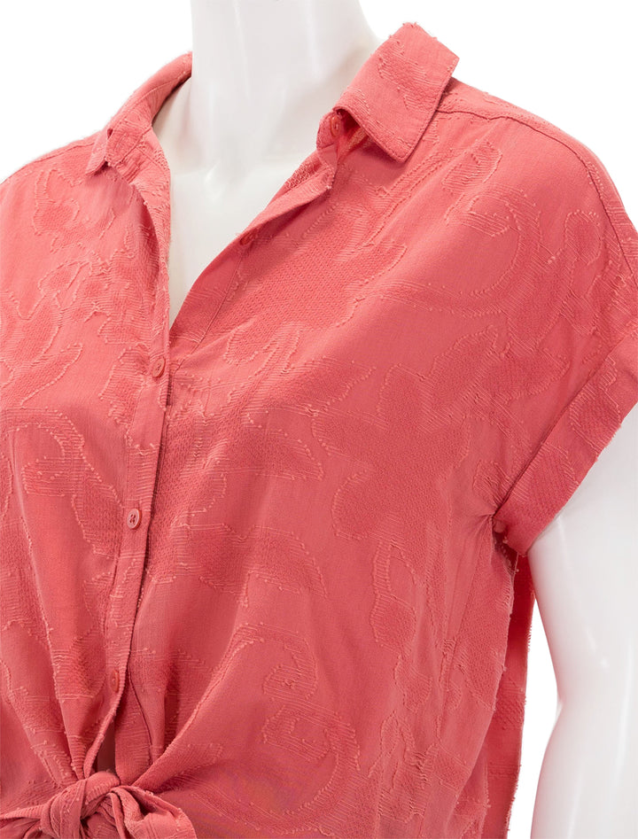Close-up view of Splendid's kathryn jacquard shirt in guava.