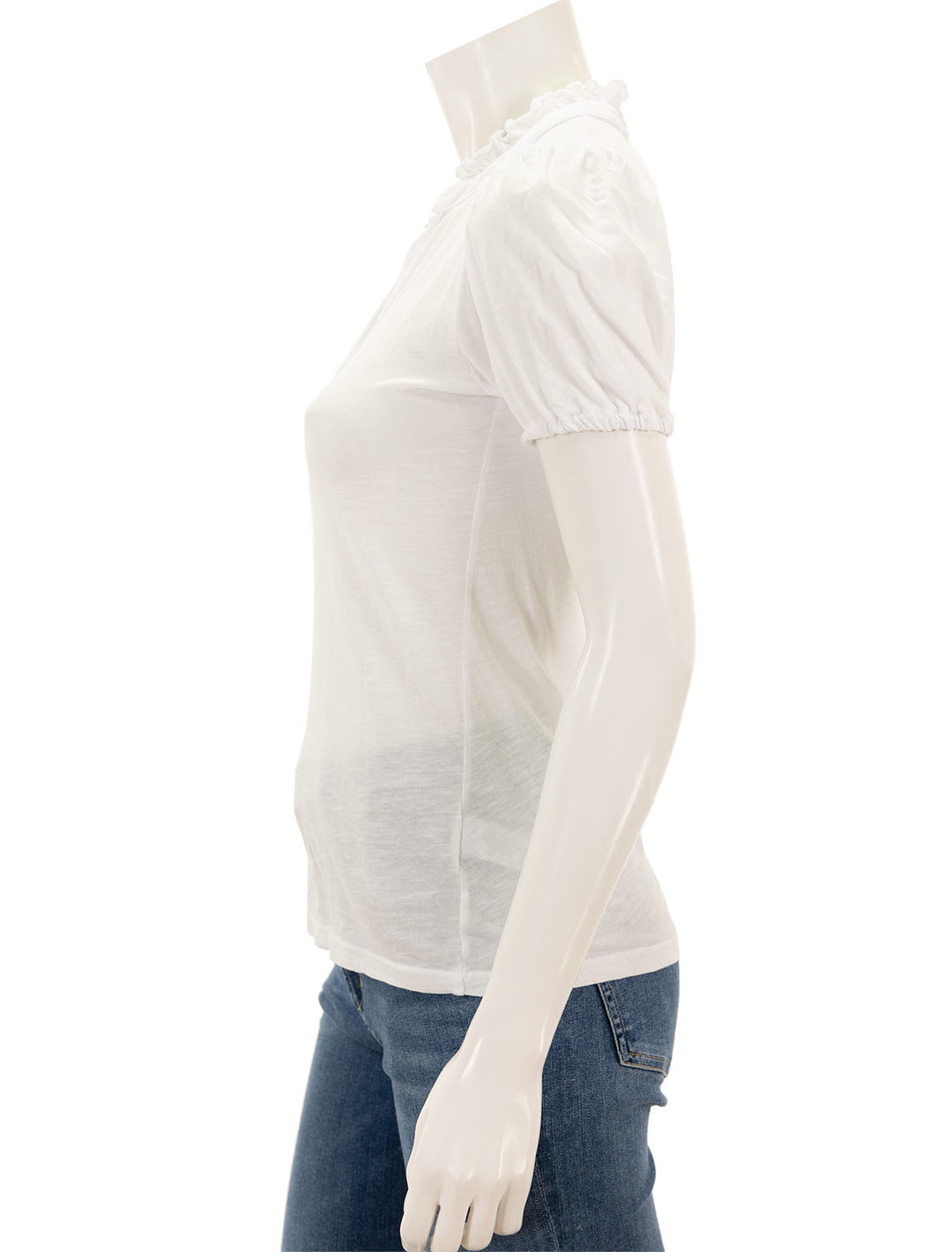 Side view of Sundry's short sleeve ruffleneck henley in white.