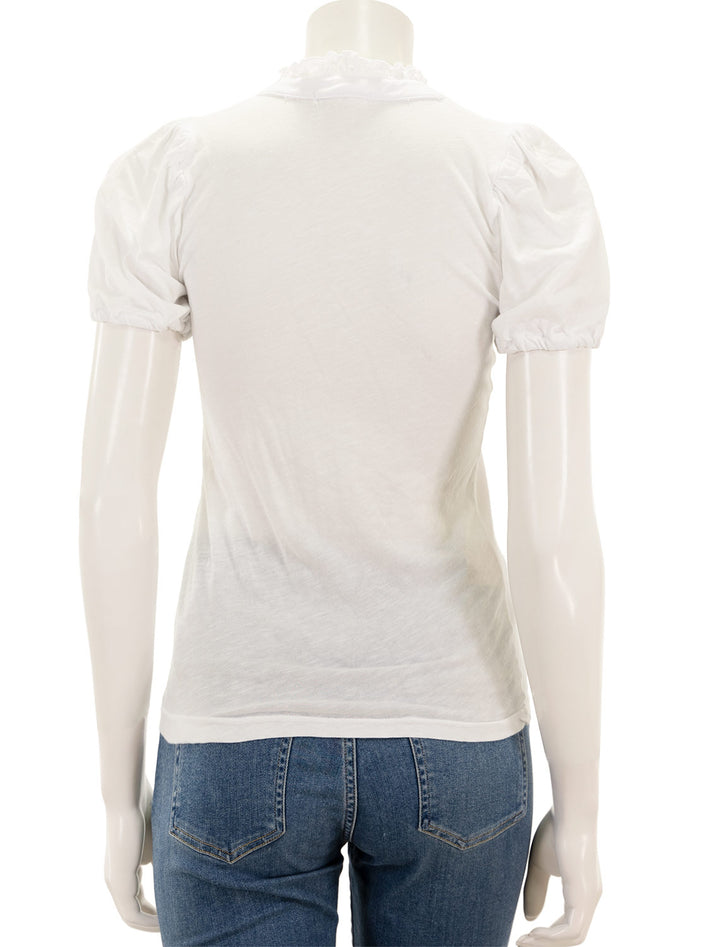 Back view of Sundry's short sleeve ruffleneck henley in white.