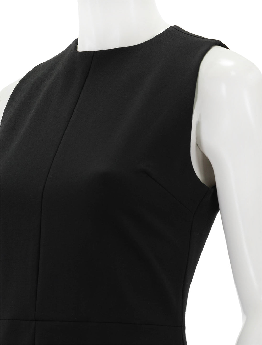 Close-up view of Vince's seamed front sheath dress in black.