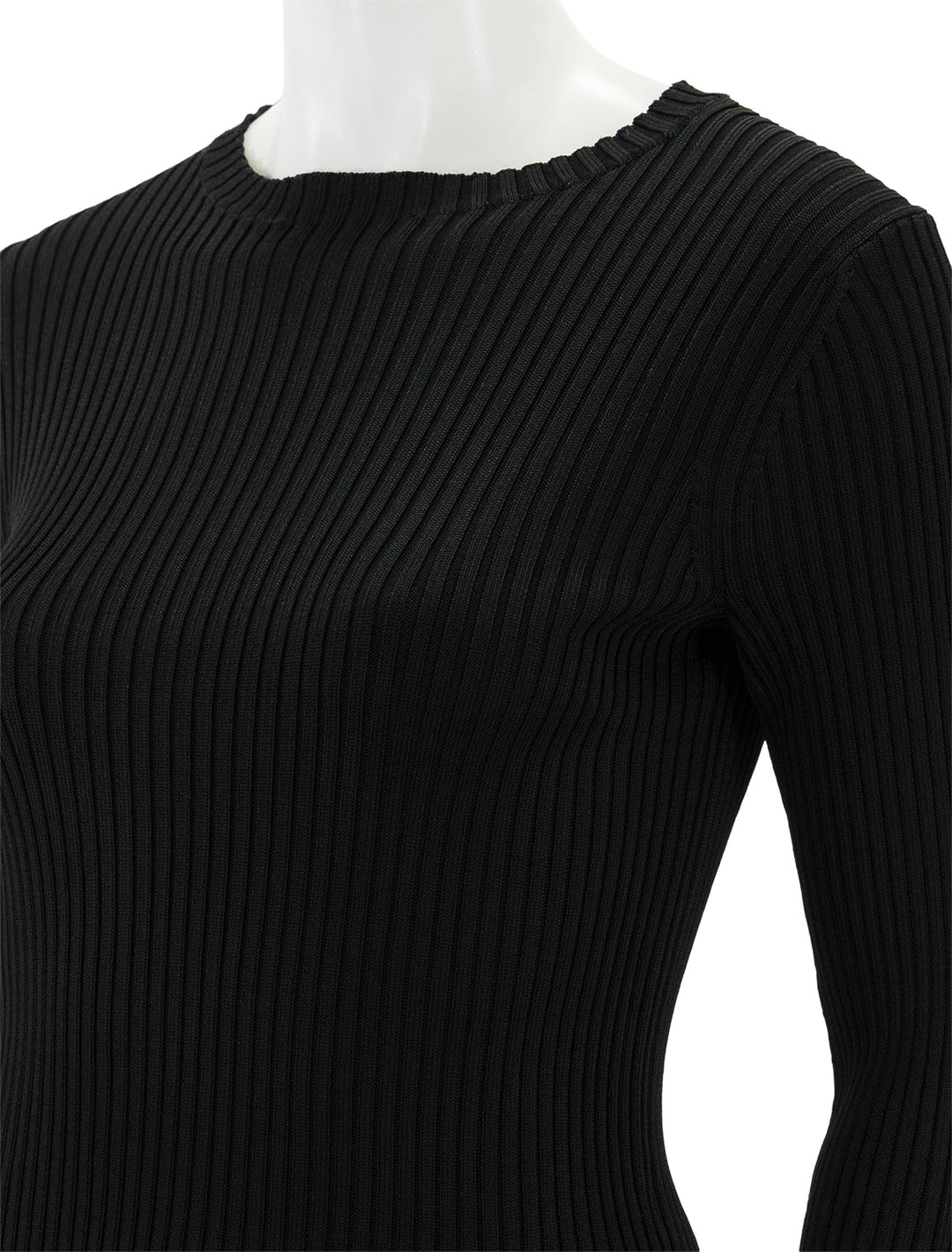 Close-up view of Vince's ribbed boat neck top in black.