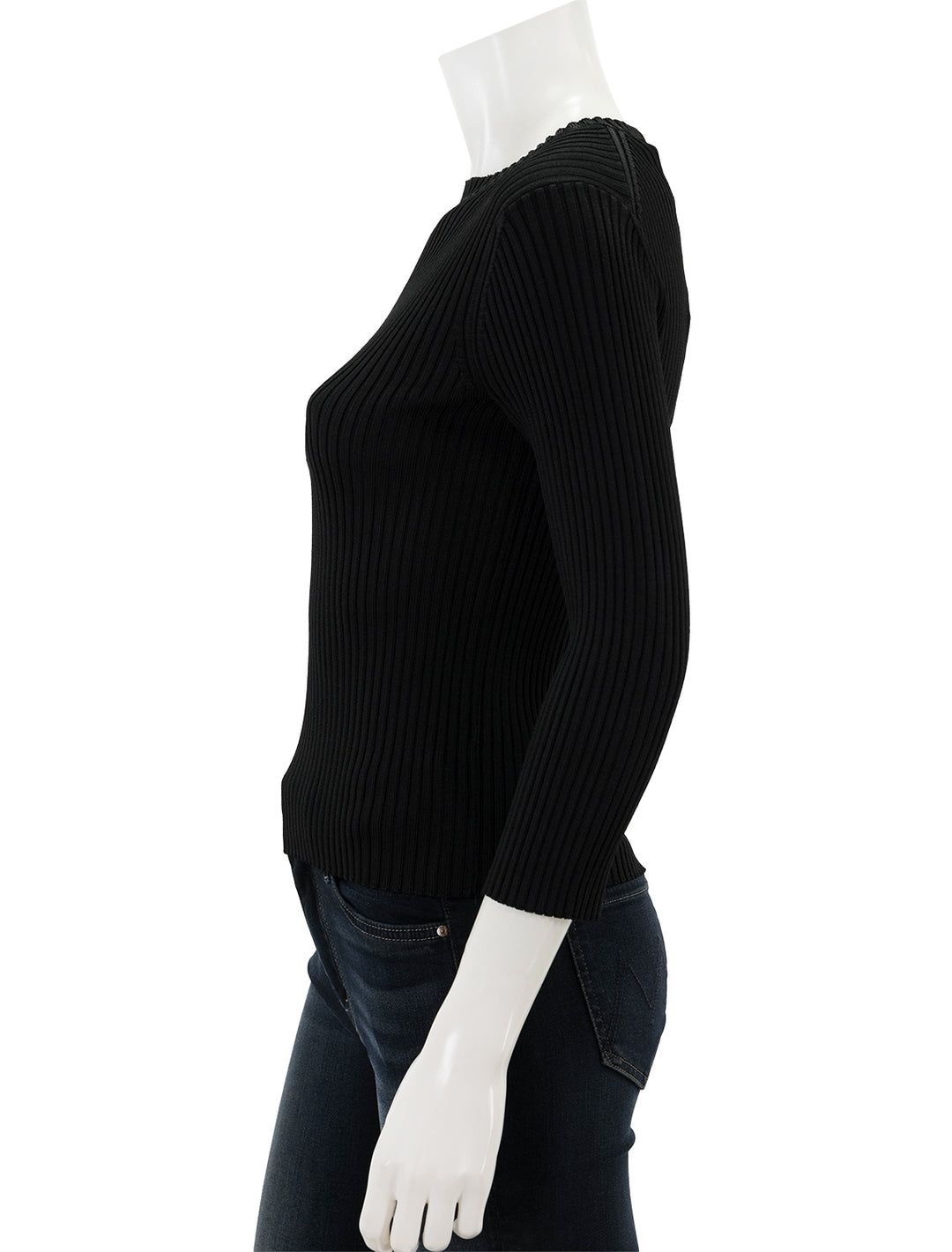 Side view of Vince's ribbed boat neck top in black.