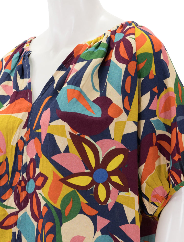 Close-up view of Velvet's robin blouse in multi print.