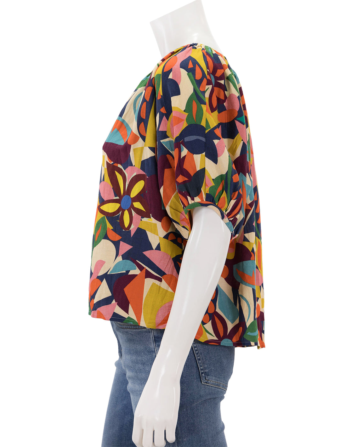 Side view of Velvet's robin blouse in multi print.