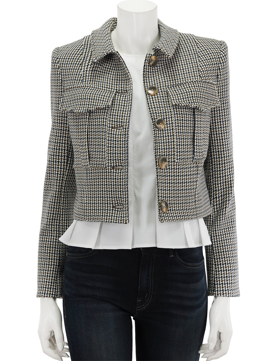 Front view of Veronica Beard's fulham jacket in multi check, unbuttoned.