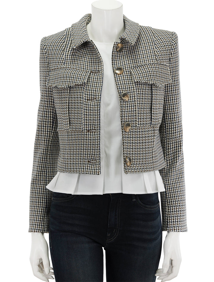 Front view of Veronica Beard's fulham jacket in multi check, unbuttoned.