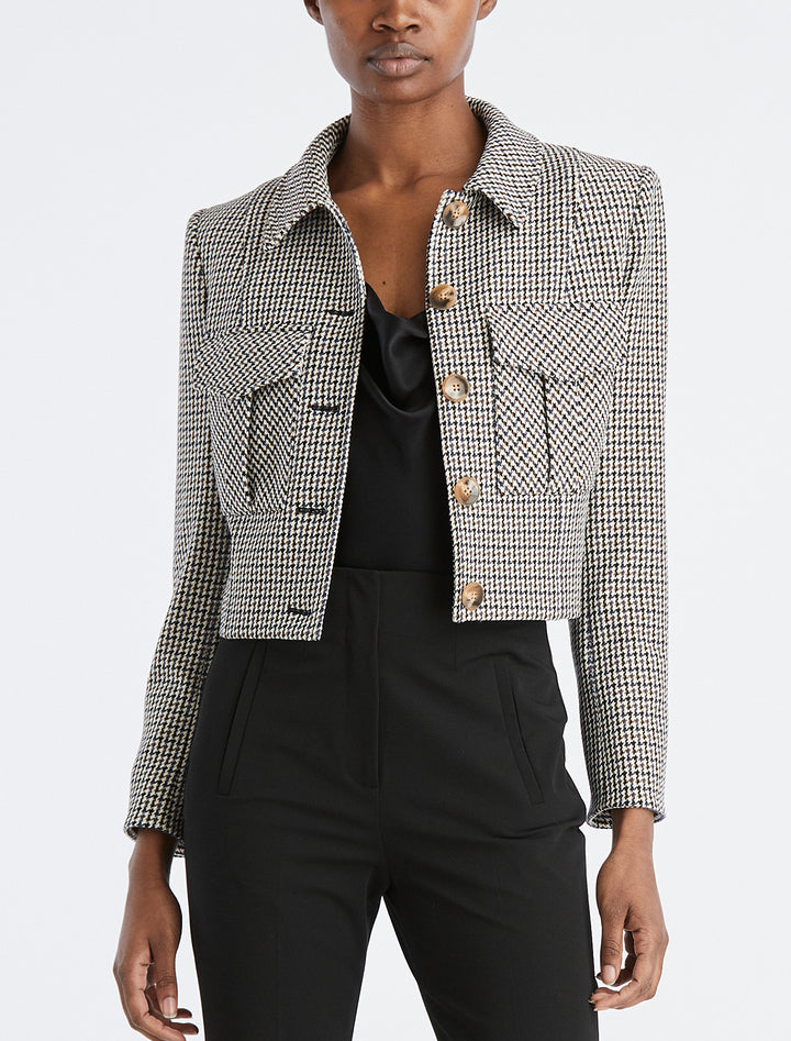 Model wearing Veronica Beard's fulham jacket in multi check.