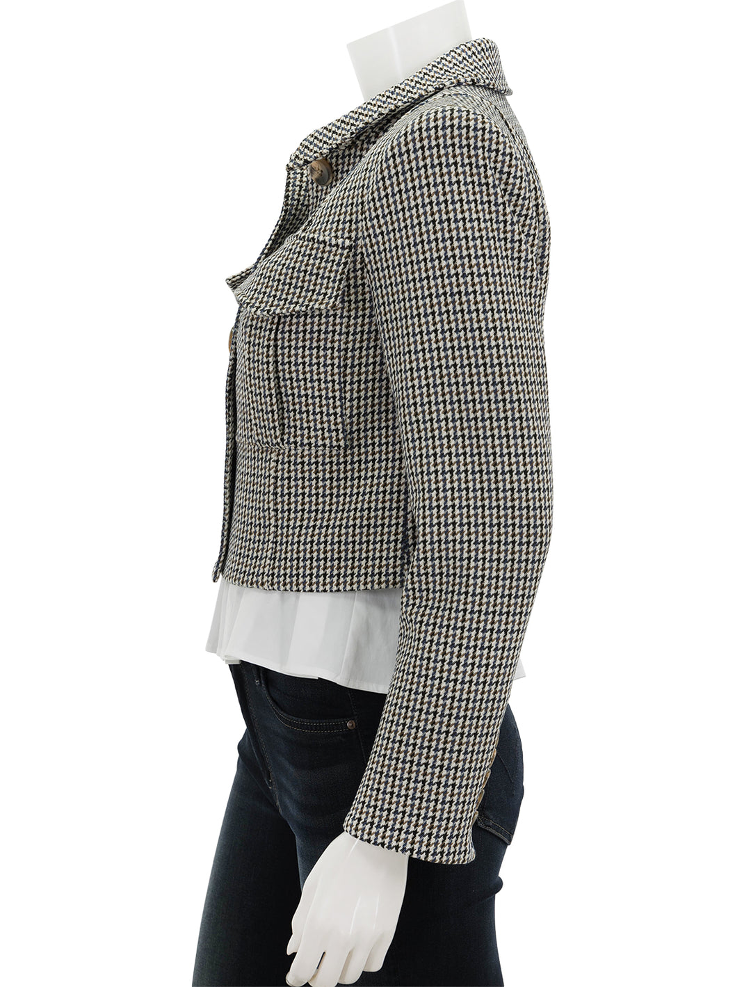Side view of Veronica Beard's fulham jacket in multi check.