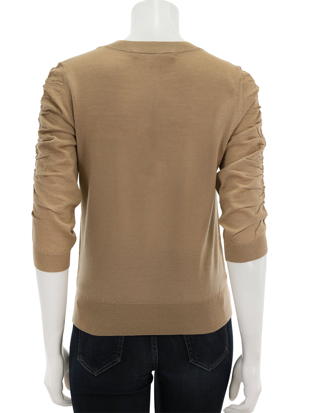 Back view of Veronica Beard's kase pullover in camel.