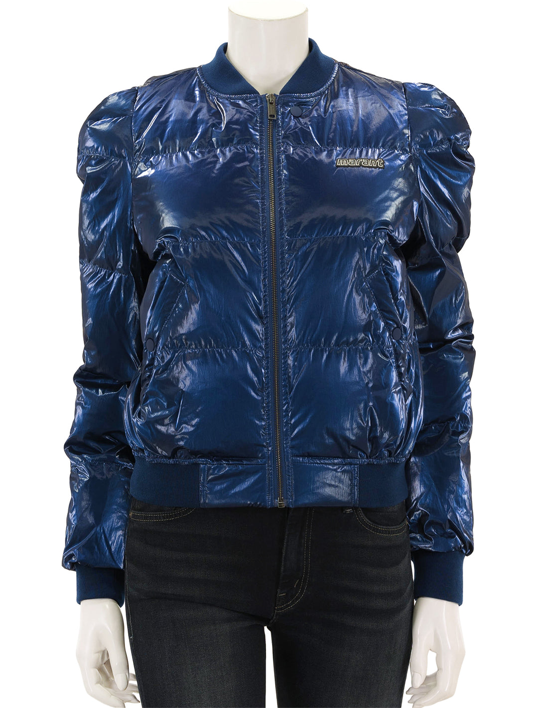 front view of cody puffer jacket in electric blue zipped 