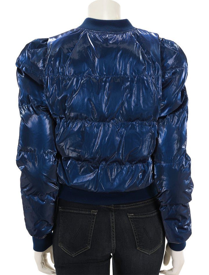 back view of cody puffer jacket in electric blue