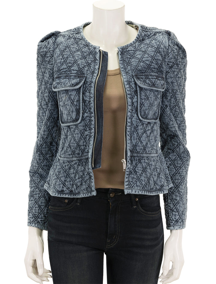 Front view of Isabel Marant Etoile's deliona jacket in light blue denim quilting.