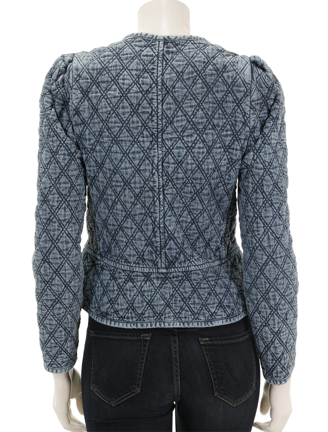 Back view of  Isabel Marant Etoile's deliona jacket in light blue denim quilting.