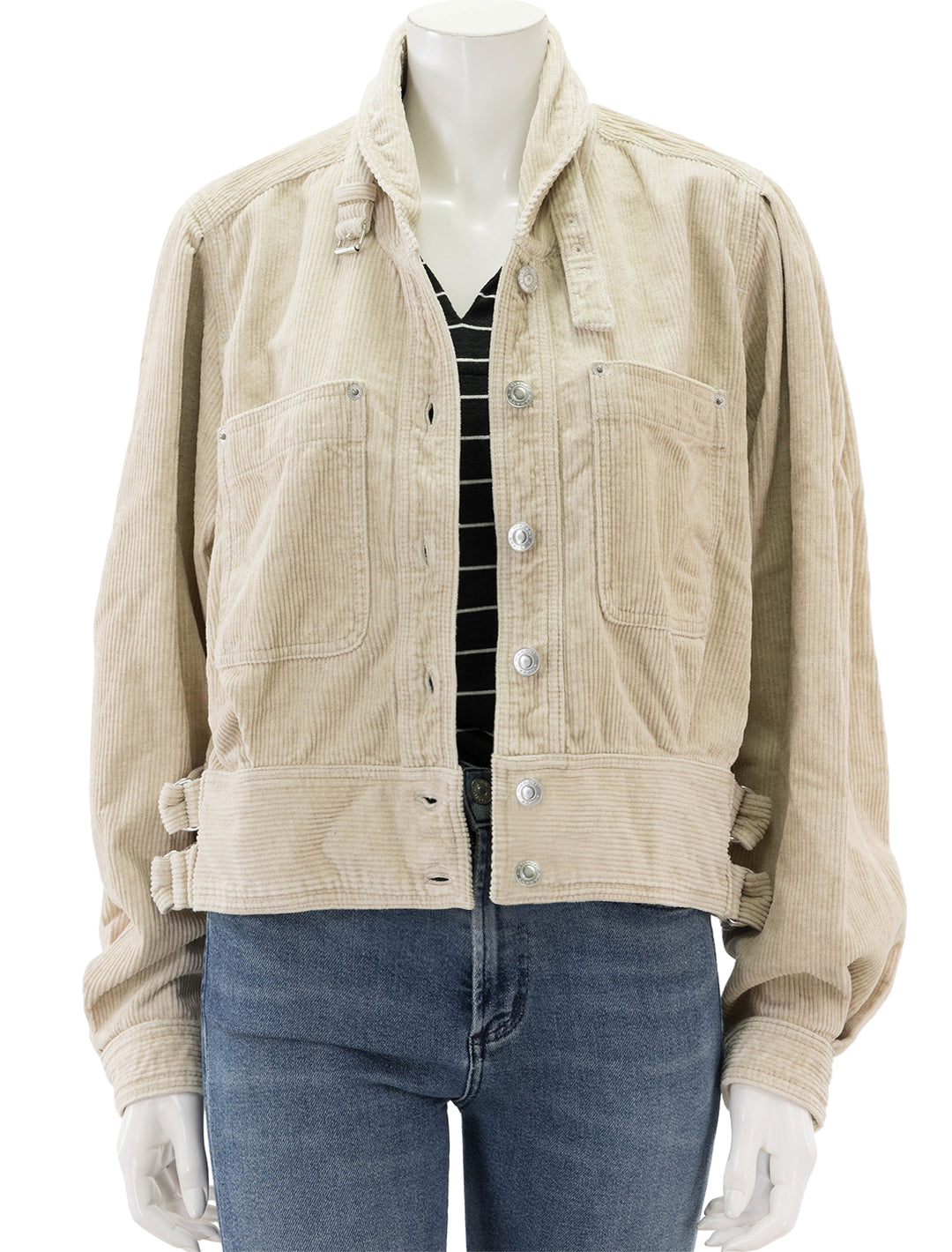 Front view of Isabel Marant Etoile's rashane jacket in beige, unbuttoned.
