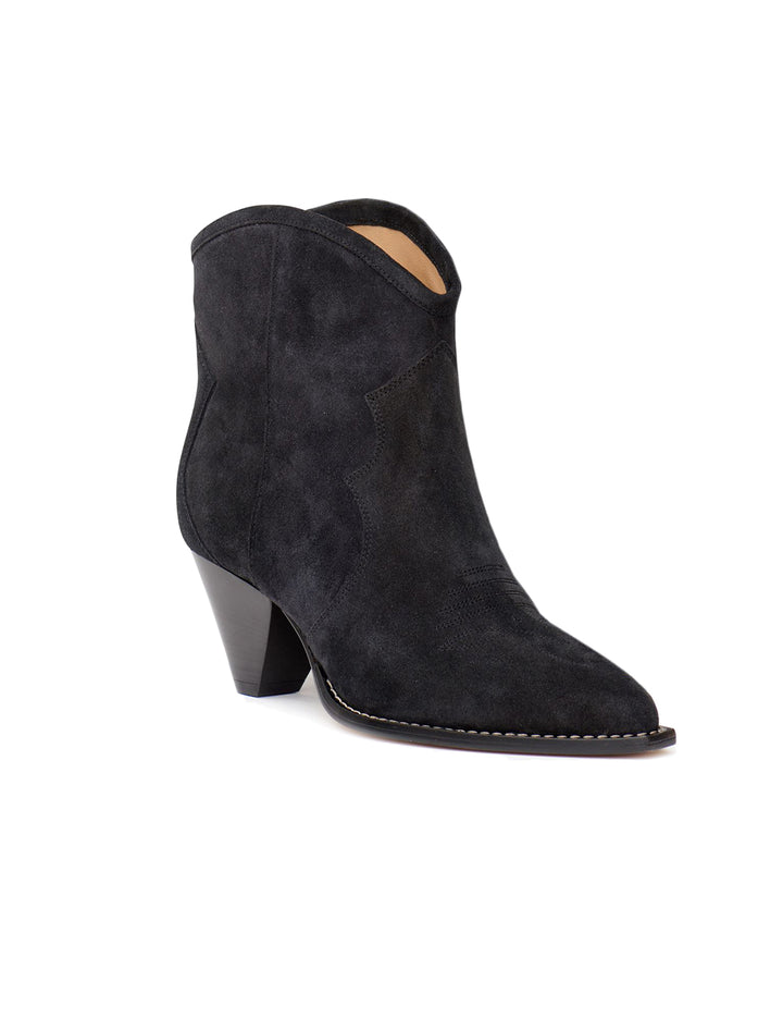 Front angle view of Isabel Marant Etoile's Darizo Boot in Faded Black Suede.