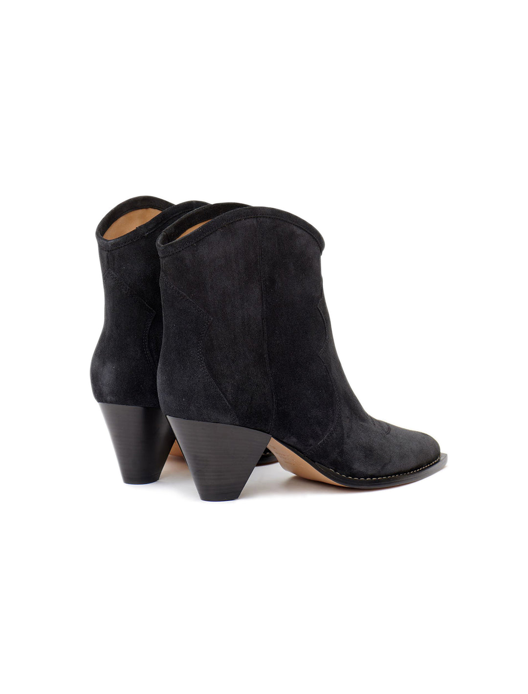 Back angle view of Isabel Marant Etoile's Darizo Boot in Faded Black Suede.
