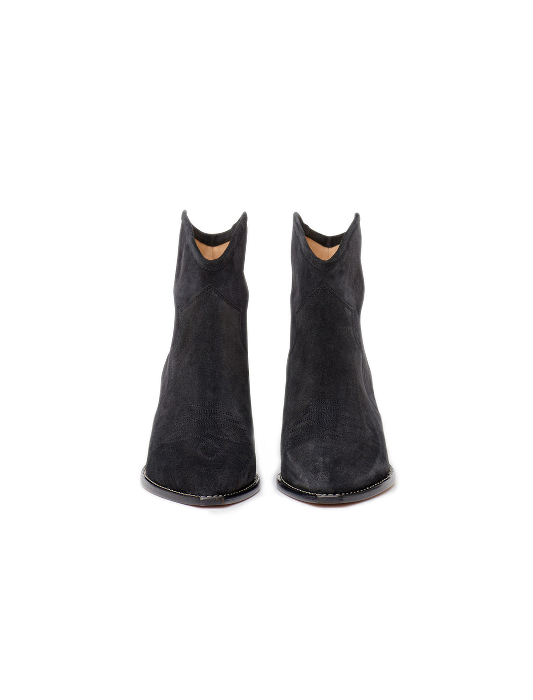 Head on view of Isabel Marant Etoile's Darizo Boot in Faded Black Suede.