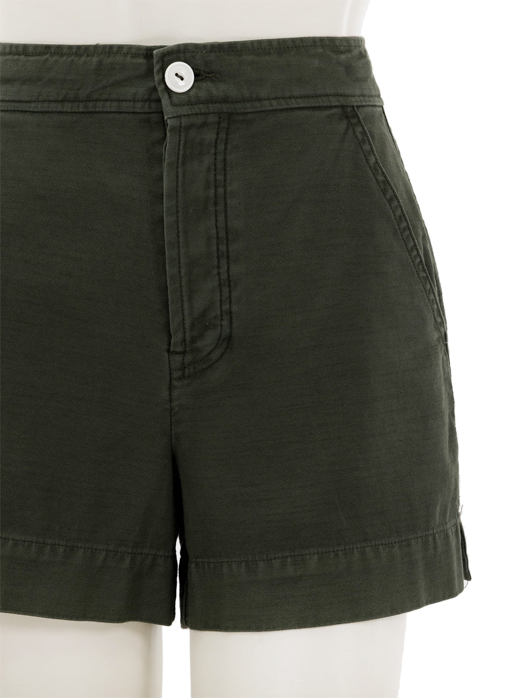 Close-up view of Alex Mill's alessandra pull-on shorts in pine needle.