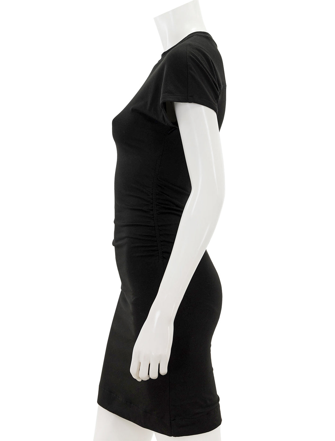 Side view of ATM's pima cotton crew neck ruched mini dress.