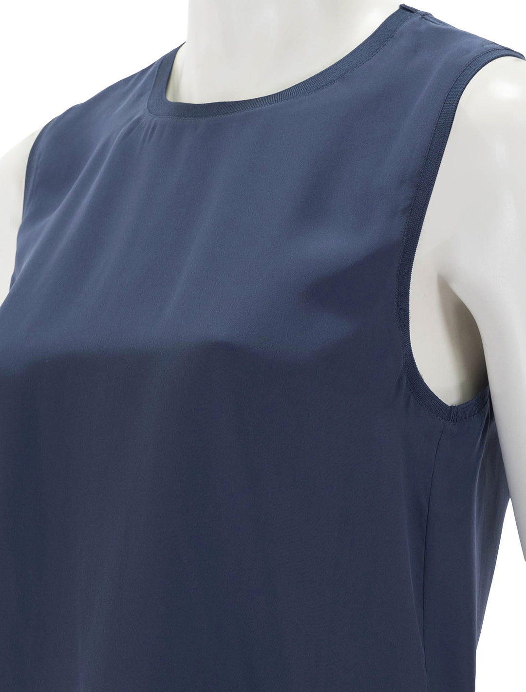 Close-up view of ATM's silk charmeuse muscle tee in true navy.
