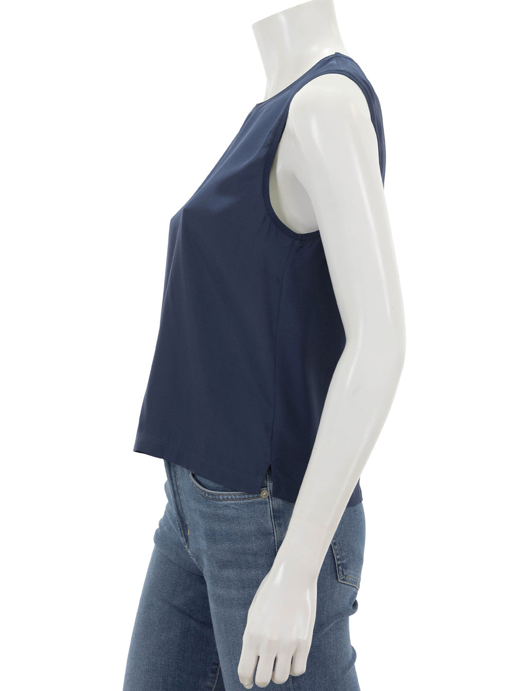 Side view of ATM's silk charmeuse muscle tee in true navy.