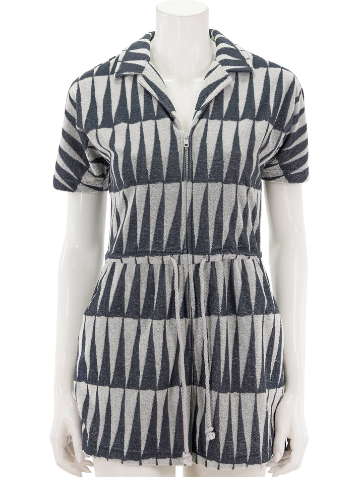 Front view of Marine Layer's terry out romper in black and white geo triangle.