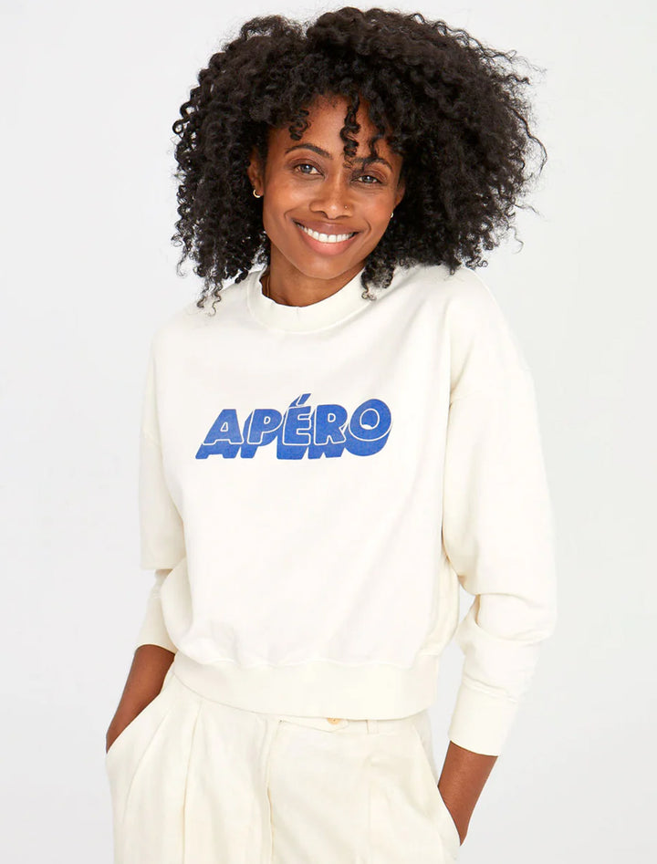 Model wearing Clare V.'s le drop apero sweatshirt.