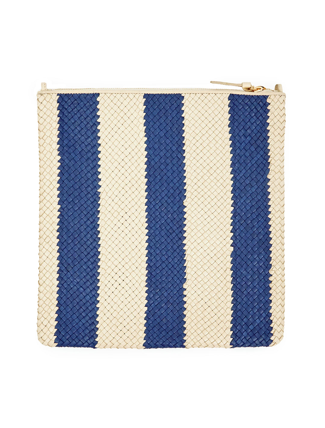 Front view of Clare V.'s foldover clutch with tabs in indigo and cream woven racing stripes, unfolded.