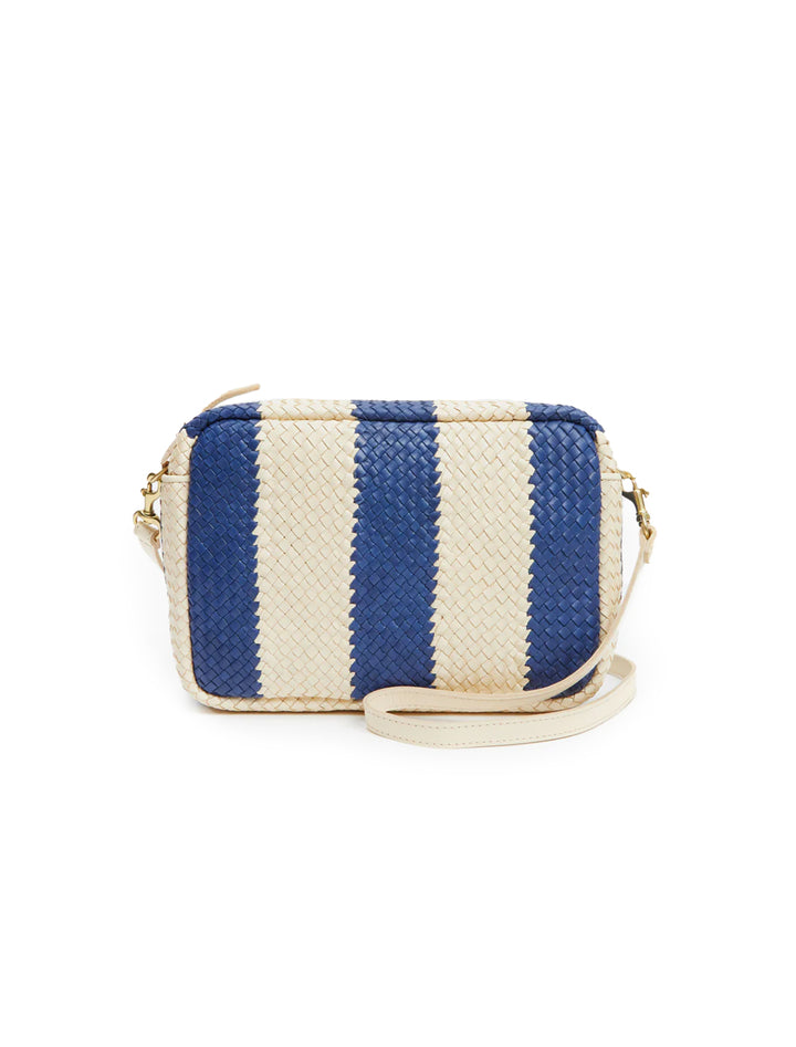 Front view of Clare V.'s marisol in indigo and cream woven racing stripes.