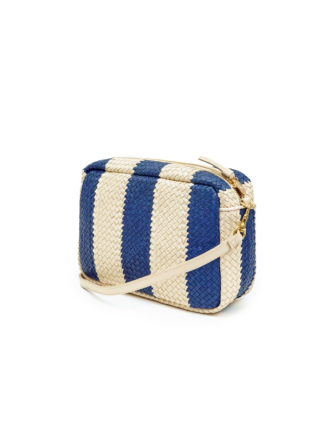 Side angle view of marisol in indigo and cream woven racing stripes