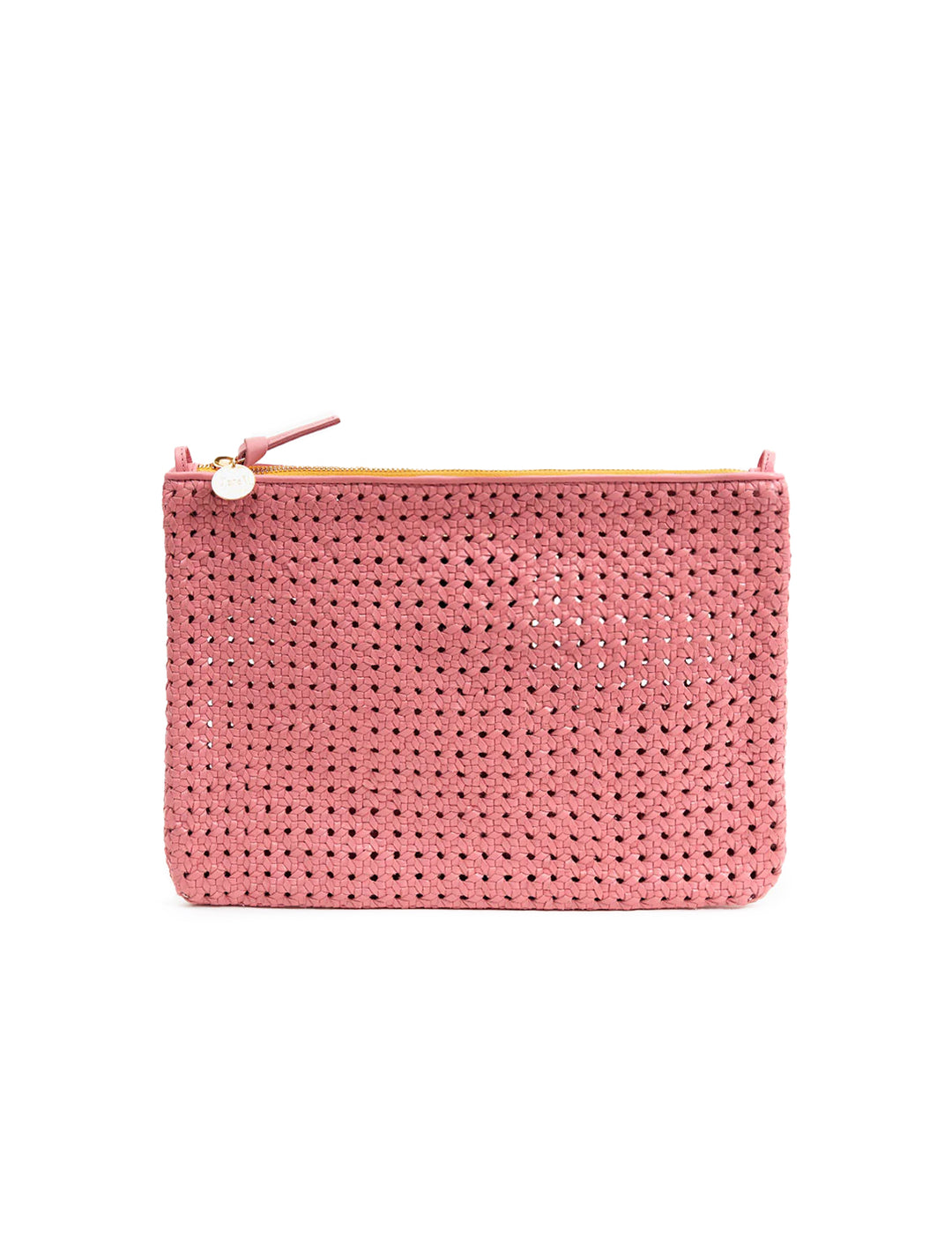 Front view of Clare V.'s flat clutch with tabs in petal rattan.