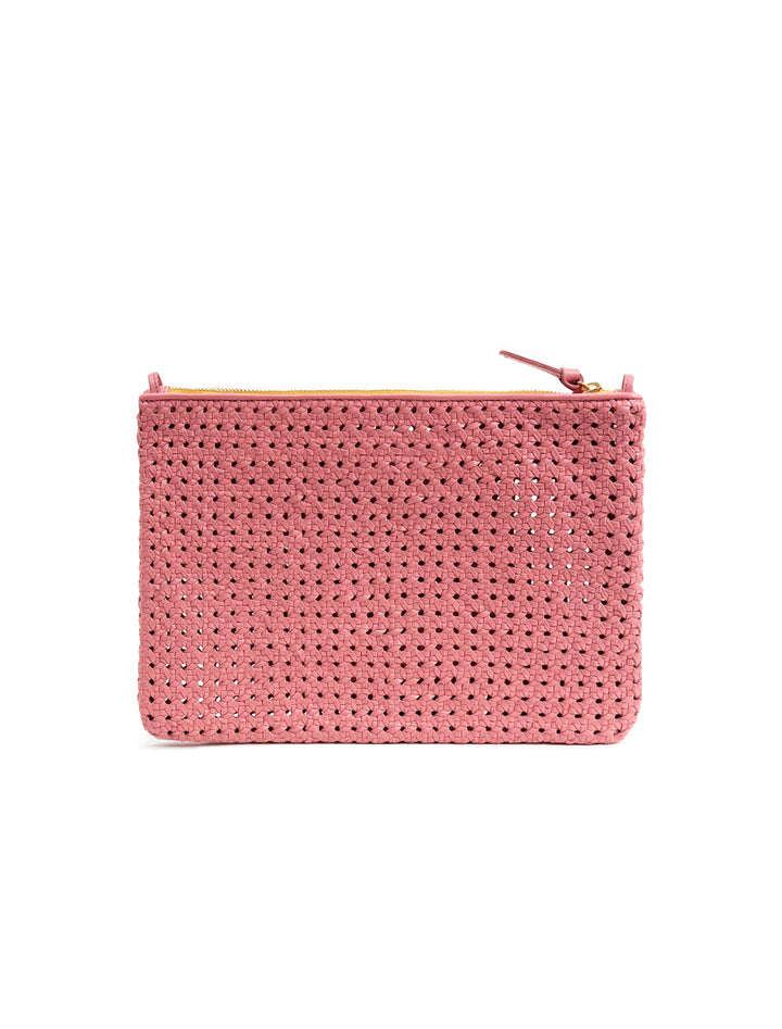 Back view of Clare V.'s flat clutch with tabs in petal rattan.