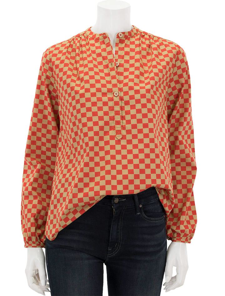 Front view of Clare V.'s st. martin top in poppy and khaki checker.