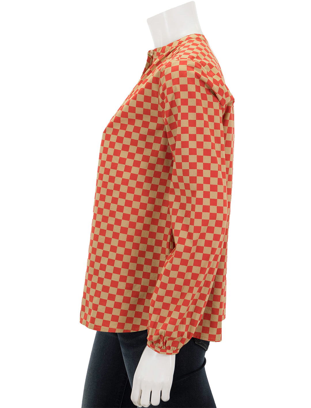 Side view of Clare V.'s st. martin top in poppy and khaki checker.