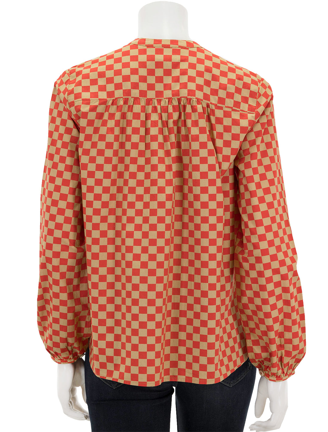 Back view of Clare V.'s st. martin top in poppy and khaki checker.