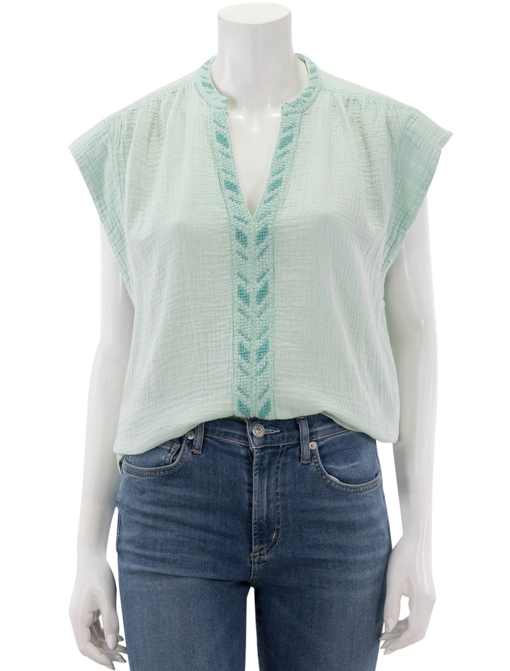 Front view of Faherty's lucia top in surf spray.