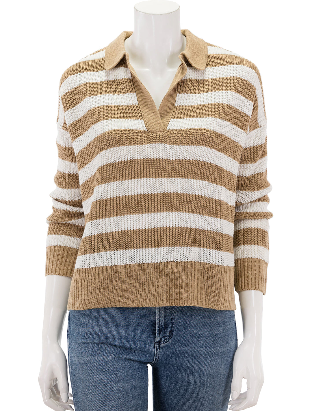 Front view of Faherty's miramar polo in natural stripe.