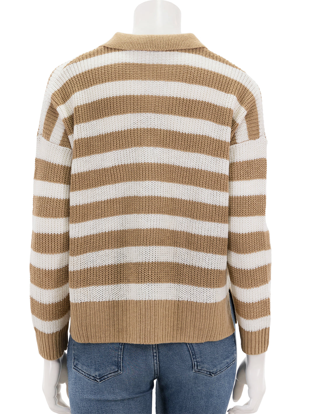 Back view of Faherty's miramar polo in natural stripe.
