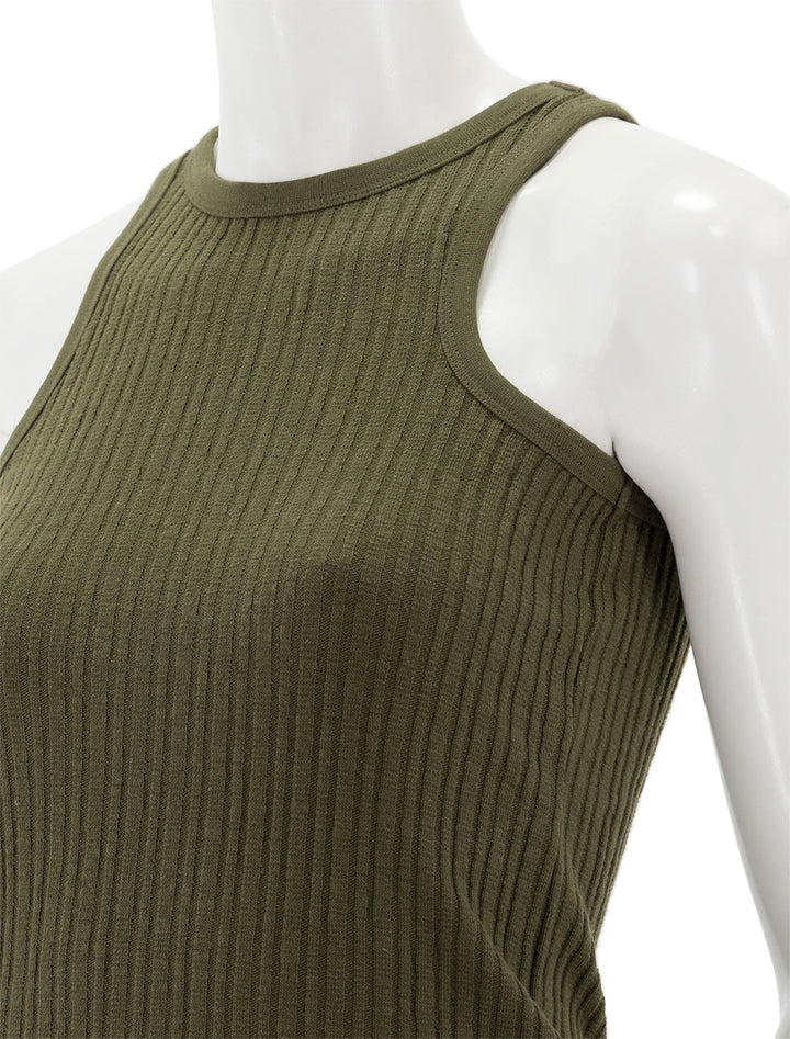 Close-up view of Faherty's cambria rib tank in military olive.